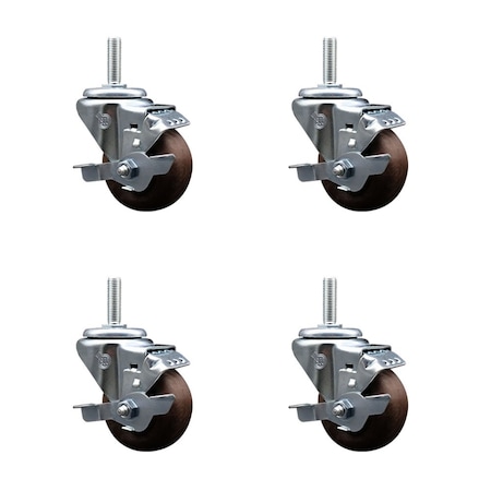 Service Caster 3 Inch High Temp Glass Filled Nylon 58 Inch Threaded Stem Caster Set with Brake SCC-TS20S314-GFNSHT-TLB-58212-4